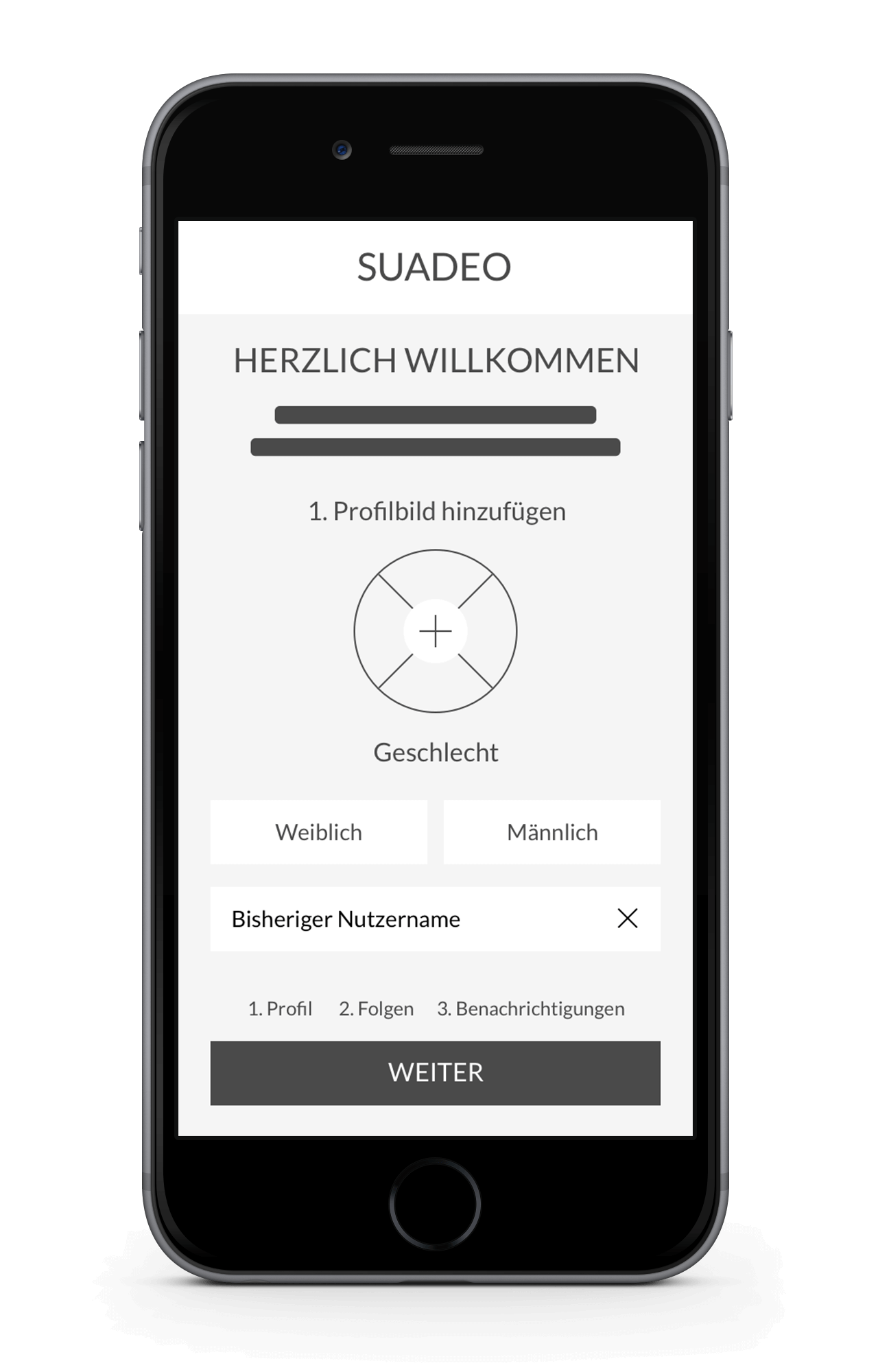 Suadeo App Wireframe Onboarding Step 1 Mobile